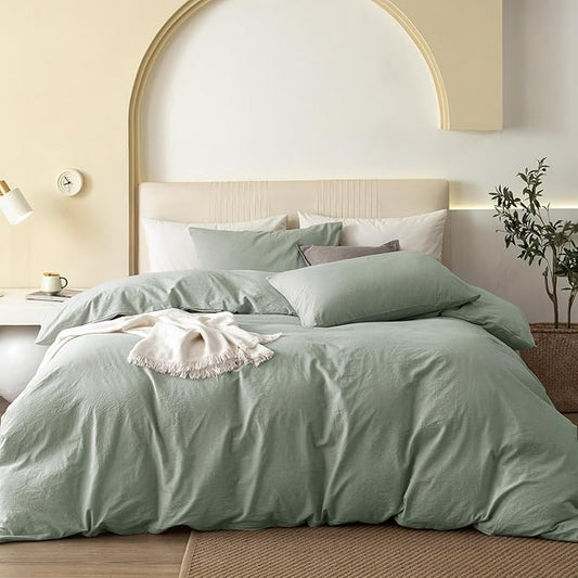 JIYUAN 100% Washed Cotton Duvet Cover Set 3 Pieces Full, 1 Duvet Cover 80x90 Inches(Comforter Not Included) and 2 Pillowcases,Linen Feel Bedding Set Comfy and Breathable, Heathered Sage Green