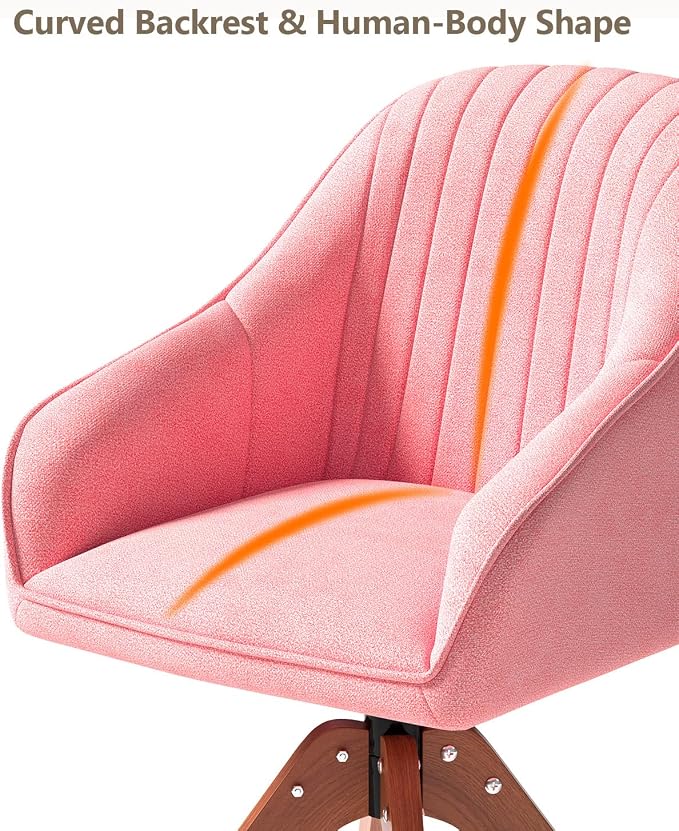 OS MOTOR Modern Swivel Accent Chair with Arms, Upholstered Desk Chair No Wheels, Mid-Century Fabric Armchair with Oak Wood Legs for Home Office, Bedroom, Vanity, Pink