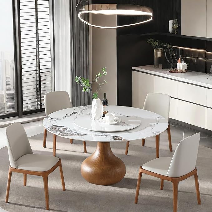 Marble Dining Table, 59" Round Sintered Stone Table for Dining Room, Kitchen, Dinette, Compact Space with Lazy Susan for 4-8 Only Table