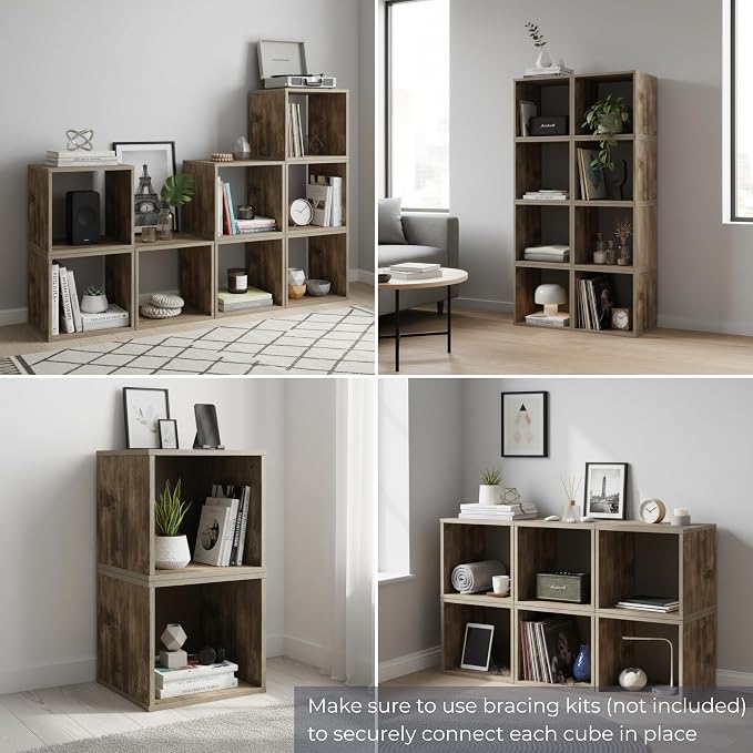 Lavish Home Cube Storage Organizer – Modular Stackable Bookshelf, Customizable Cube Shelf Bookcase, Nightstand or End Table for Living Room, Bedroom, Dorm (Gray Woodgrain)