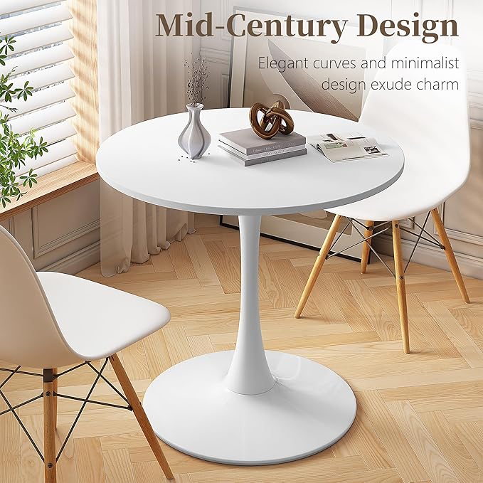 31.5 Inch Round Dining Table,Mid-Century Tulip Table with Metal Pedestal Base,Modern Leisure Table for Small Space Kitchen Dining Room,Easy Assembly,White
