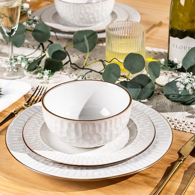GBHOME Ceramic Dinnerware Sets,18 pcs Embossed Elegant Stoneware Plates and Bowls Sets, Housewarming Wedding Gift | Dishwasher & Microwave Safe | Dishes Set Service for 6