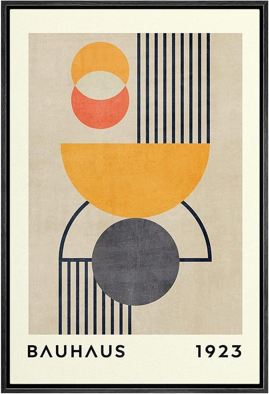 MUDECOR Framed Canvas Print Wall Art Bauhaus Orange Geometric Polygon Landscape Abstract Shapes Illustrations Mid-Century Modern Multicolor for Living Room, Bedroom, Office - 24"x36" Black