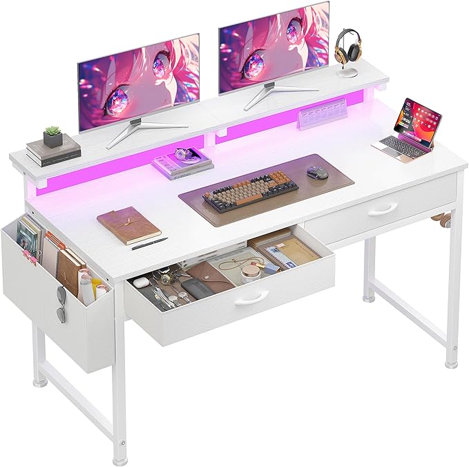 DurayLoly 47.3 Inch Computer Desk with 2 Drawers & LED Lights, Home Office Desk with Side Pocket, Gaming Desk with Monitor Stand, Study Writing Table for Small Spaces, White