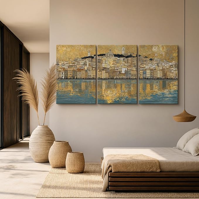 wall26 Canvas Print Wall Art Set Golden Cityscape Reflection Gustav Klimt Inspired Coastal TownDecorative Minimal Relax/Zen for Living Room, Bedroom, Office - 24"x36" x 3