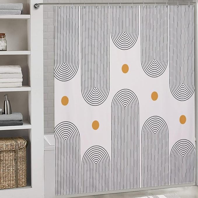 Boho Mid Century Shower Curtain, Minimalist Abstract Arch Sun Modern Bathroom Curtain Polyester Waterproof Fabric Decor 72x72in（183x183cm）