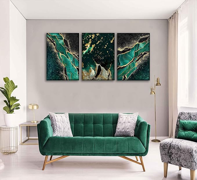 WSTUKVV 3Pcs Green and Gold Wall Art Abstrct Gold Foil Lines Posters Pictures Marble Texture Canvas Prints Dark Green Paintings for Nordic Living Room Bedroom Office Home Wall Decor Ready to Hang