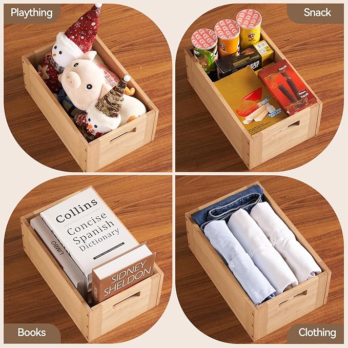 KIRIGEN Stackable Wood Storage Cube Organizer with Handle, Modular Open Cubby Bins for Books, Clothes, Toys, Shoes, Bookcase Shelf for Home Office Bedroom C15-NA