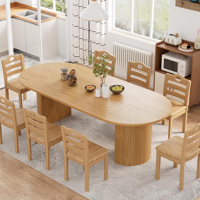 43-95 inch Long Round Extendable Dining Table for 4-10, Space Saving Oval Large Dinner Kitchen Table with 3 Leaf, 2 Storage, Fluted Mid Century Modern Dining Room Table for Living Room, Natural