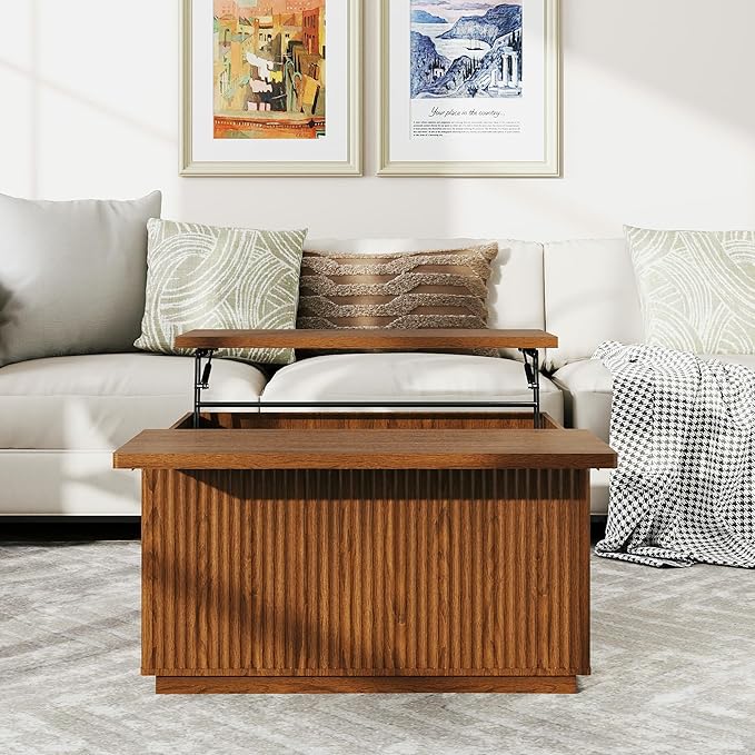 Lift Top Coffee Table with Storage,Fluted Square Center Table with Large Hidden Space,31.5" Coffee Table with Lifting Top,Center Table for Living Room,Brown