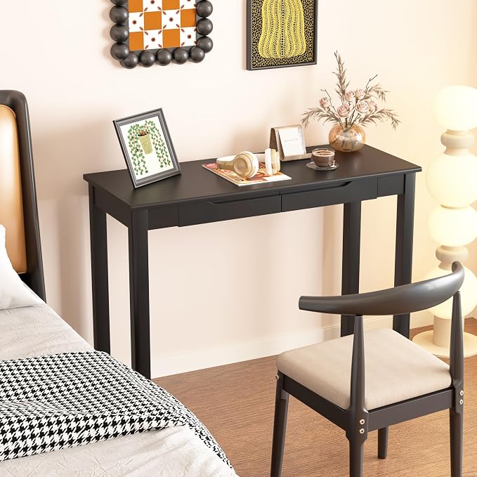 Solid Wood Desk with Drawers - 39 x 16 Inch Simple Narrow Desks, Modern Computer Desks, Rubber Wood Study Table, Small Writing Desk for Bedroom|Small Spaces - Black