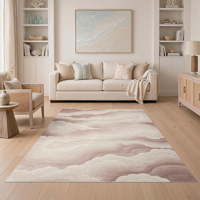 5'x7' Washable Modern Cloud Area Rug, Beige Flatwoven Floor Covering for Dining Room, Under Table, Home Office, Non-Slip Chair-Friendly Carpet | Ref:2208258