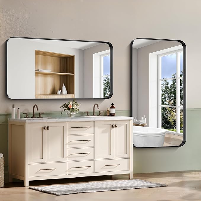 CIRCUMI Black Bathroom Mirror, 30"x60" Rectangular Mirror with Deep Metal Frame, Rounded Corner, Tempered Glass, Large Mirror for Wall, Over 2 Sinks, Installed Vertically/Horizontally, Crystal-Clear
