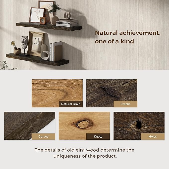 Wood Floating Shelves 36 Inch Long, Rustic Solid Elm Wood Shelves for Home Decor, 8 Inch Deep Wall Shelf with Invisible Bracket for Living Room Bathroom Bedroom Kitchen, Walnut Color, Set of 2