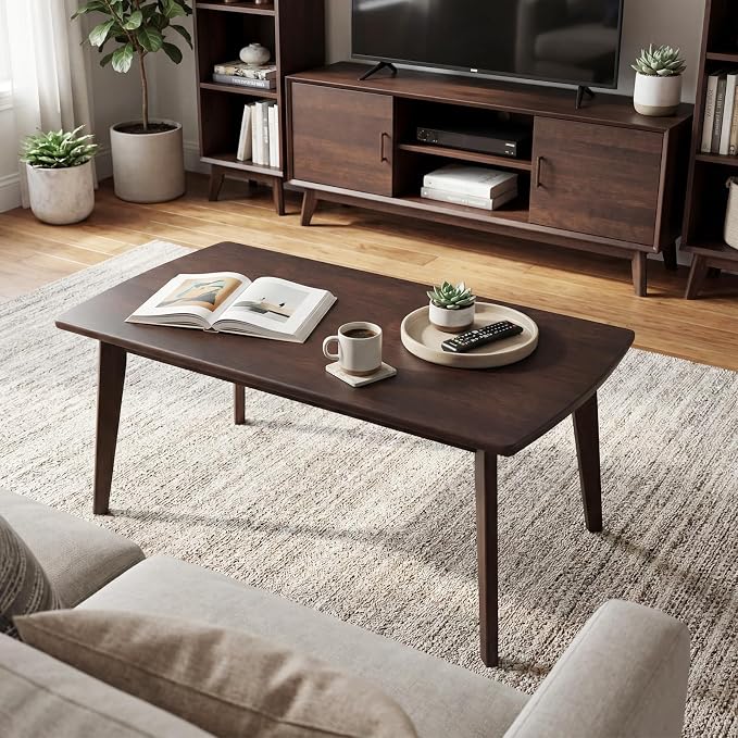 GOFLAME Solid Wood Coffee Table, 34.5" x 21" x 17" Mid-Century Modern Center Table with Storage, Curved Edges, Retro, Small Japanese Floor Table with Tapered Legs for Living Room, Apartment, Walnut