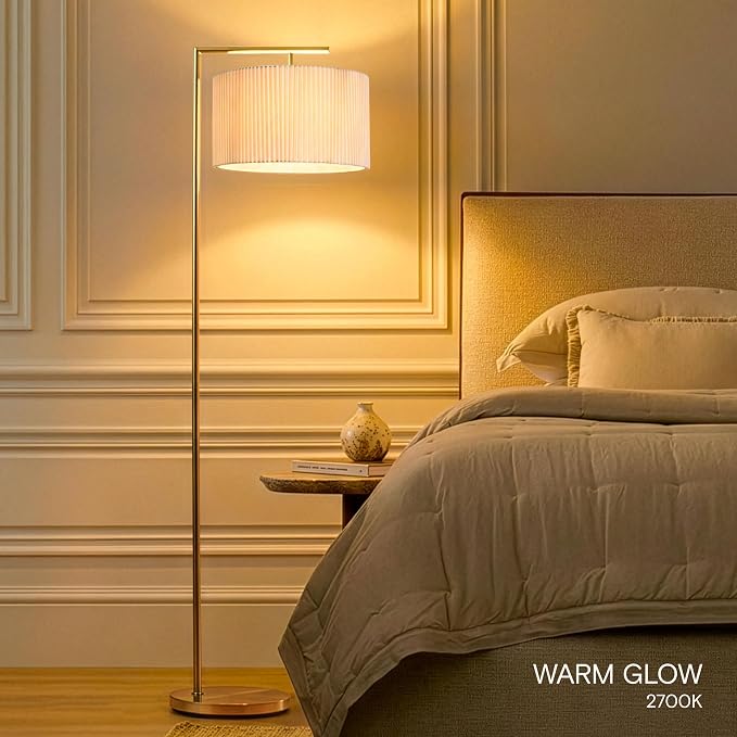 Brightech Montage Modern Floor Lamp - LED Standing Lamp with Tan Shade for Living Rooms & Offices - Bedroom Reading Light - Tall Corner Pole Lamp for Contemporary Home Decor - Antique Brass