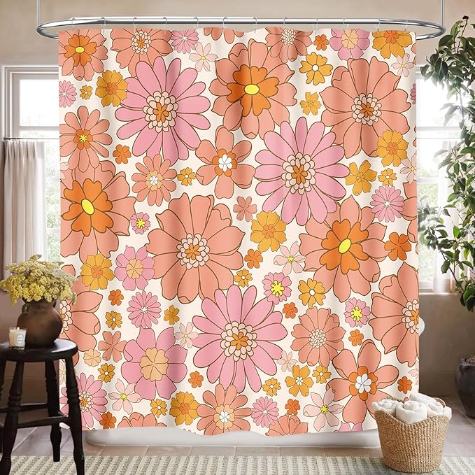 Pink 70s Floral Shower Curtain for Bathroom,Retro Vintage Hippie 70s Daisy Floral Flower Cute Funky Trippy Groovy Boho Waterproof Fabric Shower Curtain Set with Hooks, 72"x72"