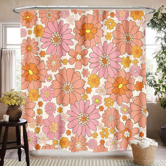 Pink 70s Floral Shower Curtain for Bathroom,Retro Vintage Hippie 70s Daisy Floral Flower Cute Funky Trippy Groovy Boho Waterproof Fabric Shower Curtain Set with Hooks, 72"x78"