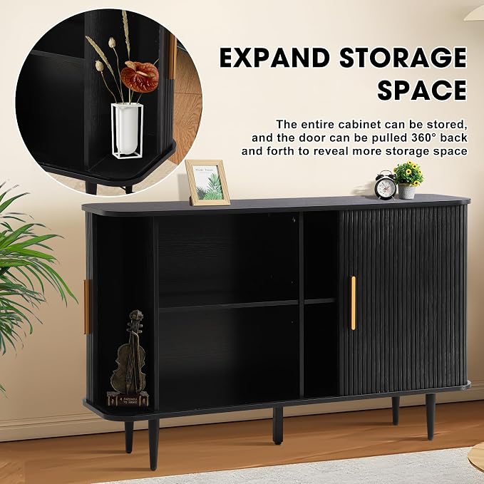 Grepatio 47" Sideboard Buffet Cabinet with Fluted Slide Doors, Tambour Storage Cabinets with Adjustable Shelves, Credenza Console Mid Century for Living Room Hallway Entryway (Black)