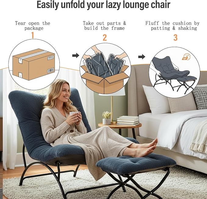 Tiita Accent Lazy Chair with Ottoman, Comfy Lounge Chair with Metal Frame and Plush Fabric, Thick Cushion Seated Cozy Recliner Chair for Reading Room, Living Room, Bedroom, Office, Dark Gray