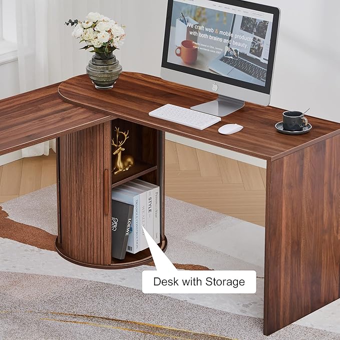 Fluted Computer PC Desk Table with Storage, Farmhouse Corner L Shaped Desk with Storage for Small Space, Modern Home Office Desk for Bedroom, for Writing, Executive, Study, Work - Walnut