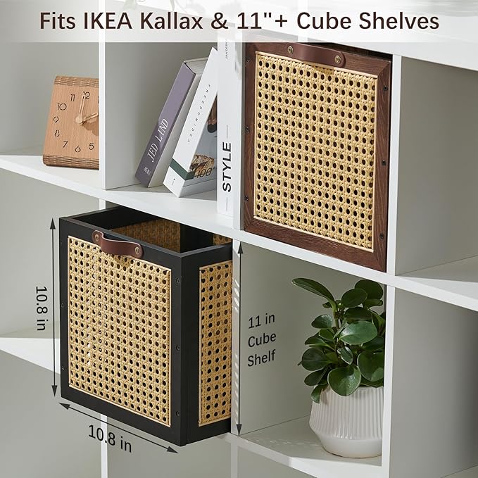 2PCS Rattan Storage Cubes Wooden Storage Baskets Boxes Decorative Natural Handmade Bohemian Solid Wood Woven Wicker Cane Bin Closet Shelf Clothes Organizer Books Magazine Holder (Walnut)