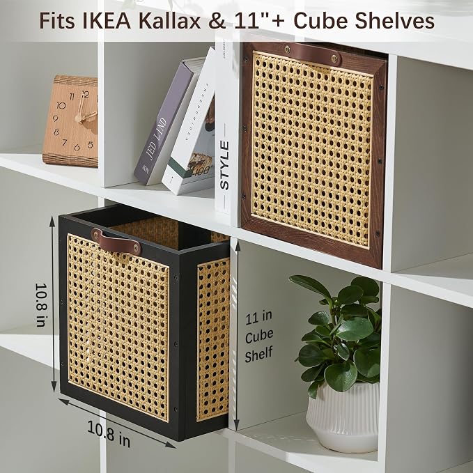Rattan Storage Cubes Wooden Storage Baskets Boxes Decorative Natural Handmade Bohemian Solid Wood Woven Wicker Cane Bin Closet Shelf Clothes Organizer Books Magazine Holder (Black)