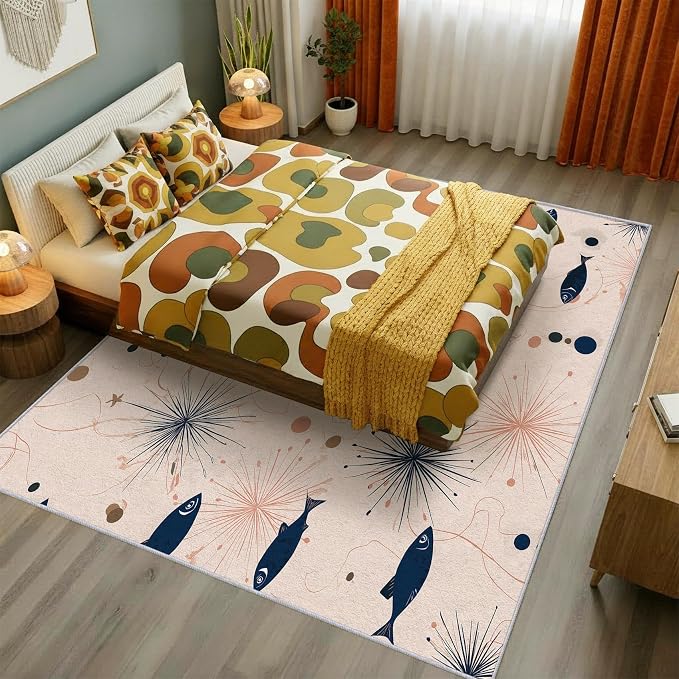 Mid Century Modern Rug Square 8x8 Starburst Atomic Fish Retro Pattern Area Rugs for Living Room, Bedroom, Mid Century Modern Home Decor Accessories Indoor Carpet, Non Slip & Machine Washable