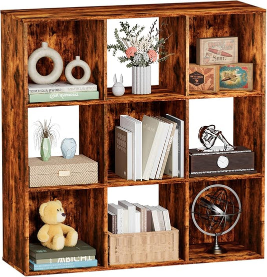 9 Cube Storage Organizer, Free Standing Display Shelf with Open Cubes, Floor Standing Book Shelf Bookcase with Storage for Home Office, Living Room, Bed Room (Vintage Brown, 9-Cube)