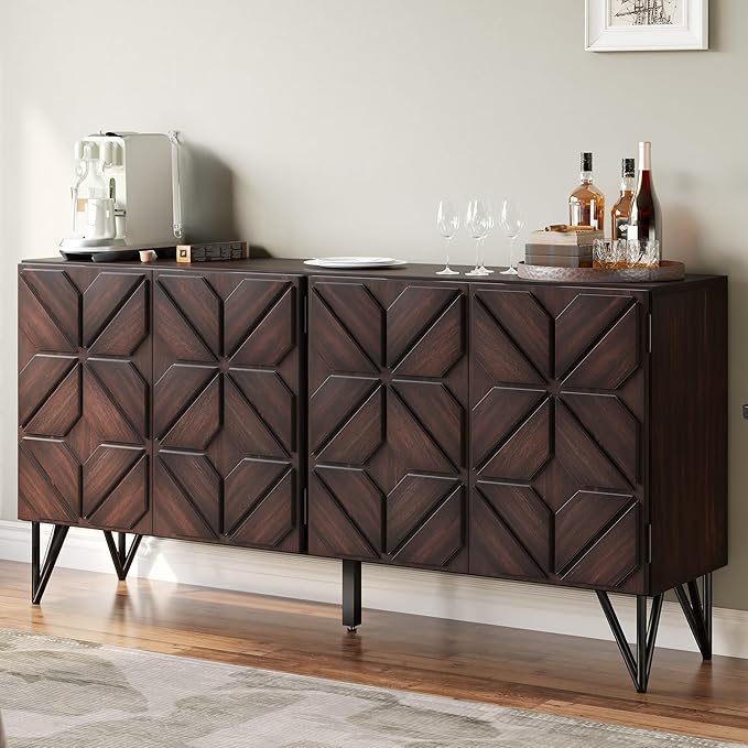 AMERLIFE 63” Solid Acacia Wood Sideboard Buffet Cabinet, Hand-Carved Geometric Door Console with Adjustable Shelves for Hallway, Living Room or Kitchen, Dark Walnut