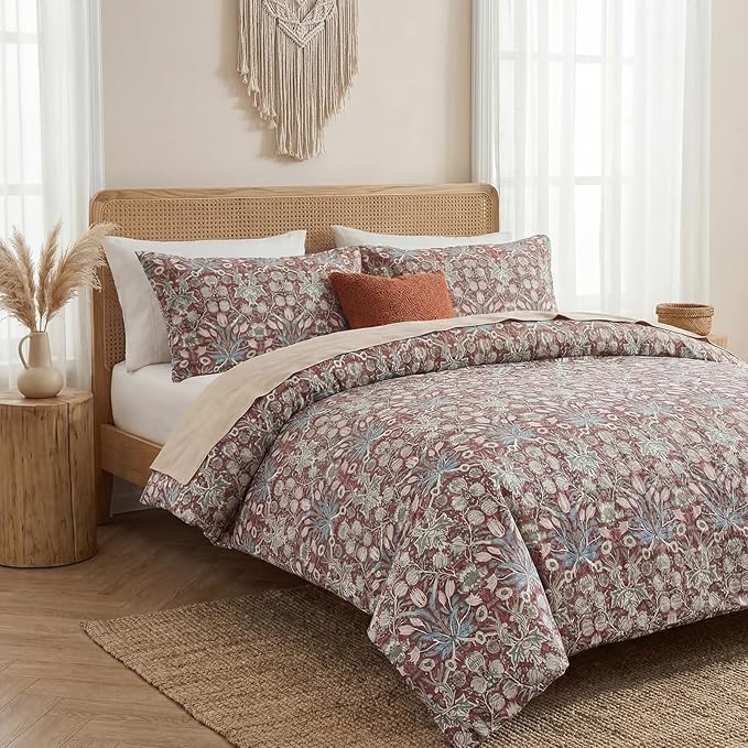 Cozeline 100% Cotton Duvet Cover Queen Size, Red Paisley Print Bedding Set with Zipper Closure, 3 Pcs Breathable and Luxury Duvet Cover for All Season