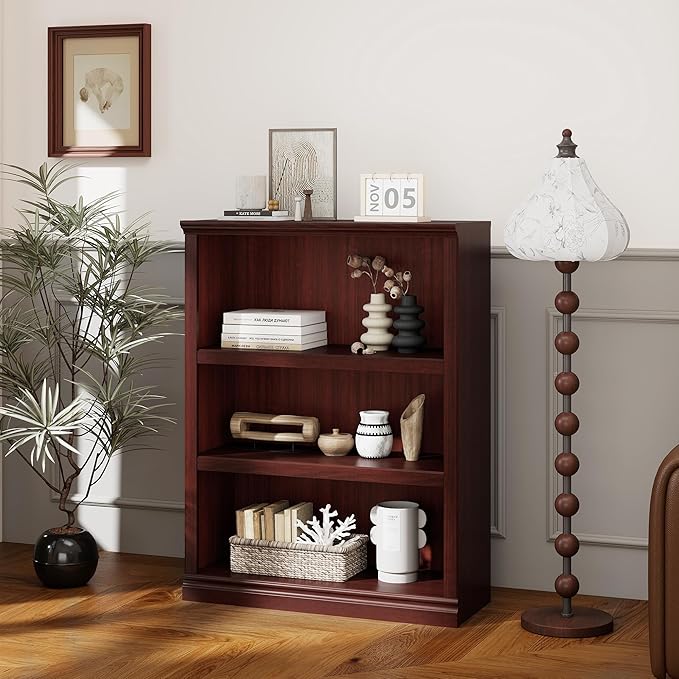 blini 3-Shelf Bookcase Wooden Bookshelves 33in Wide Floor Standing Display Storage Shelves Mahogany Bookcase for Home Office, Living Room, Bed Room