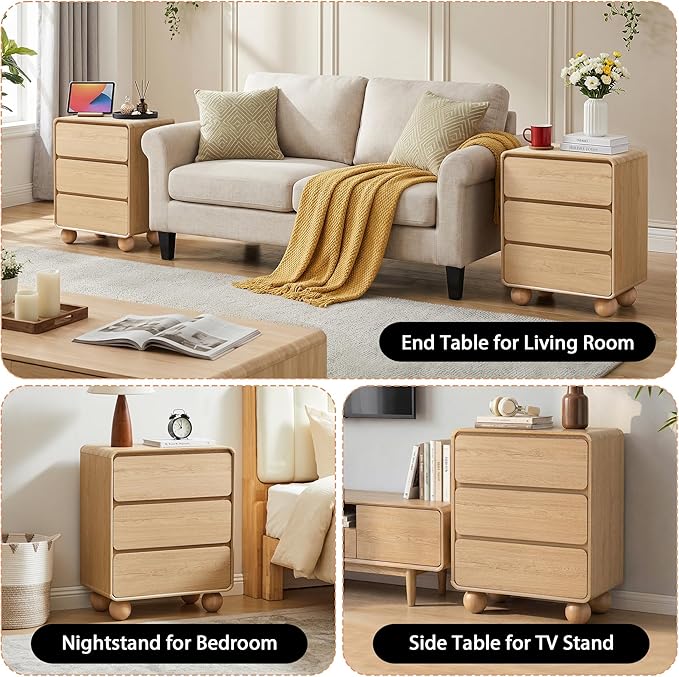 AVZEAR Modern3 Drawer Dresser for Bedroom, Curved Wooden Dresser Chest of Drawers, 3 Drawer Nightstand Closet Clothes Storage Organizer for Kids Bedroom, Living Room, Nursery, Natural