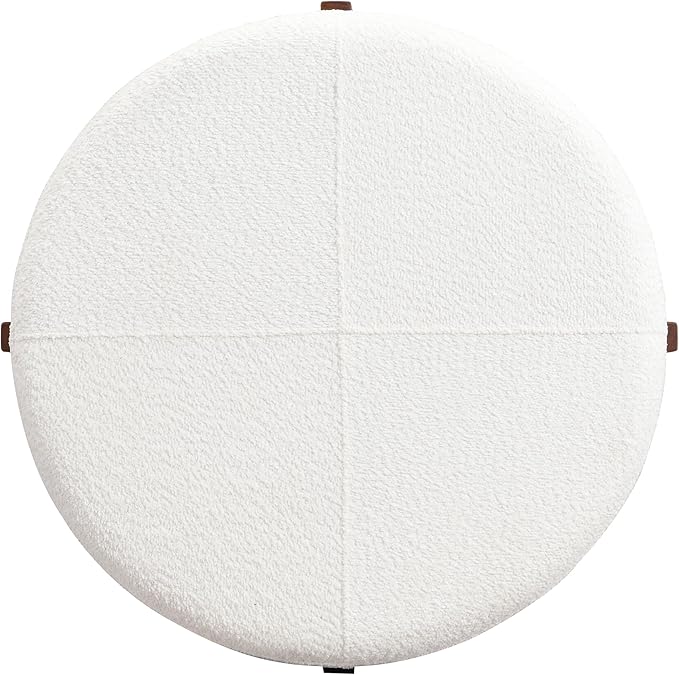 Christopher Knight Home Holmes Modern Boulce Upholstered Ottoman Coffee Table, Wooden Round Cocktail Ottoman, Large Living Room Sofa Footstool/Footrest, White+Walnut