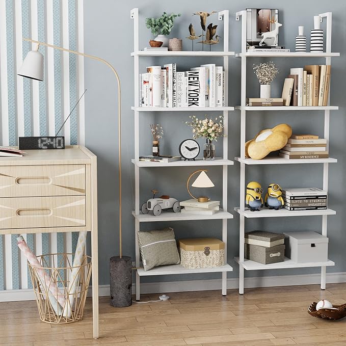 aboxoo Ladder Shelf White Wooden Bookshelf 5-Tier Wall-Mounted Open Wood Rack Industrial Modern Plant Flower Stand Utility Organizer Bookcase Metal Frame Furniture Office Kitchen Bedroom