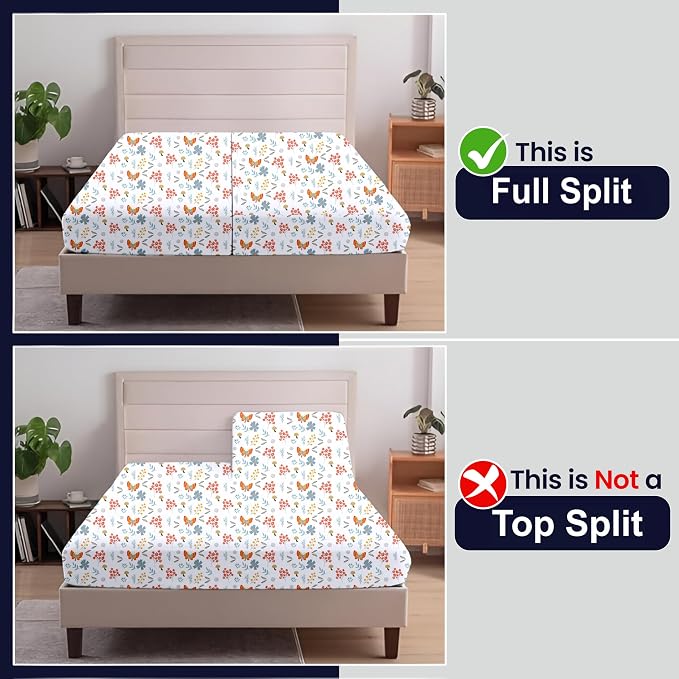 SGI Split King Sheet Set for Adjustable Bed Egyptian Premium Cotton 600 Thread Count Sheets for Sleep Number Bed 15" Deep Pocket 5 Pc Set with 2 Twin XL Fitted Sheets Soft Breathable -Butterfly Garden