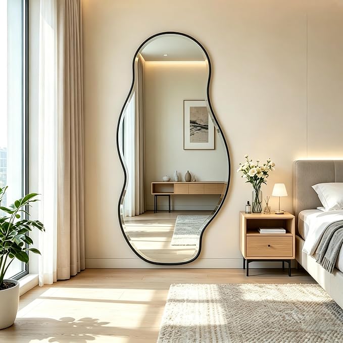POZINO Large Irregular Beveled Mirror, 63"x28.5" Asymmetrical Accent Wall Mirror with Metal Frame, Organic Full Length Mirrors for Entryway Hallway Living Room Bedroom, Horizontal/Vertical Hanging