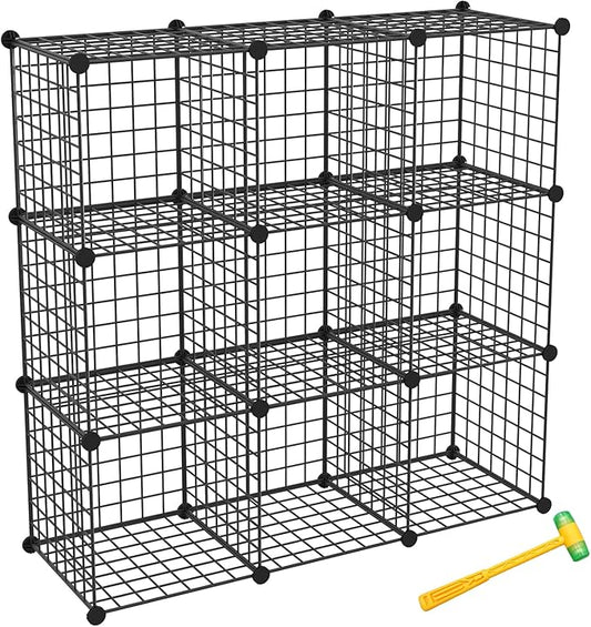 Wire Cube Storage Organizer, Metal Storage Shelves Bookshelf, Stackable Modular Closet Organizer for Bedroom Living Room, Office,Storage Shelves (9 Cubes, Iron)
