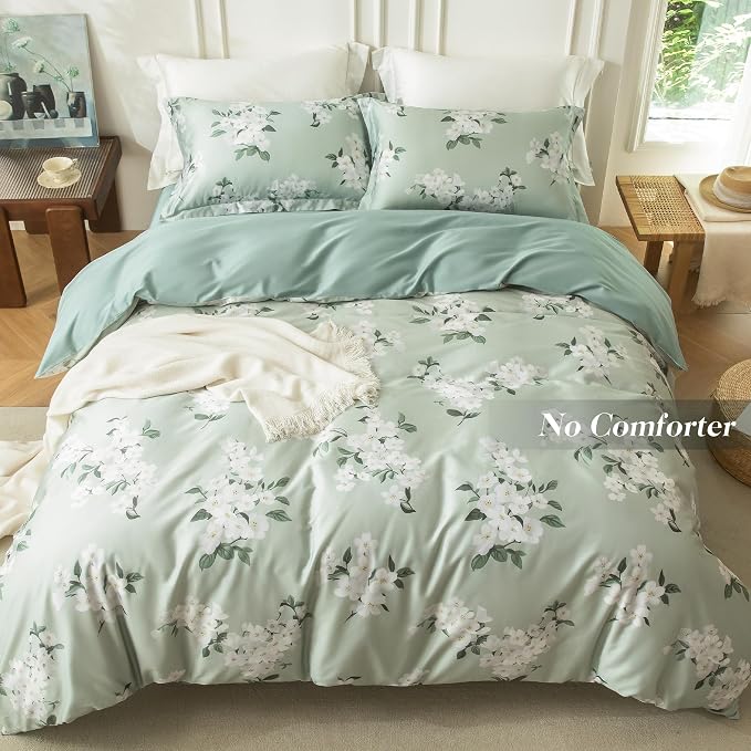 MILDLY King Size Duvet Cover Set 100% Long-Staple Cotton Luxury Sage Green Floral Patten Reversible Comforter Cover Set 3Pcs