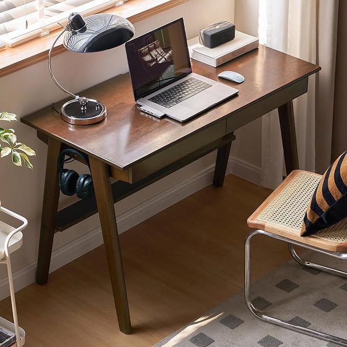 Walnut Color Home Office Desk, 100% Solid Rubber Wood Desk, Mid Century Modern Writing Computer Desk with Drawer for Sturdy Room, Bedroom 39.37" W