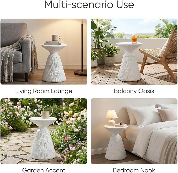 ø15.5'' Faux Concrete Cement Round Side Table End Table, Modern Contemporary Minimalist White Finish Style, MGO Material for Indoor & Outdoor, No Assembly, White