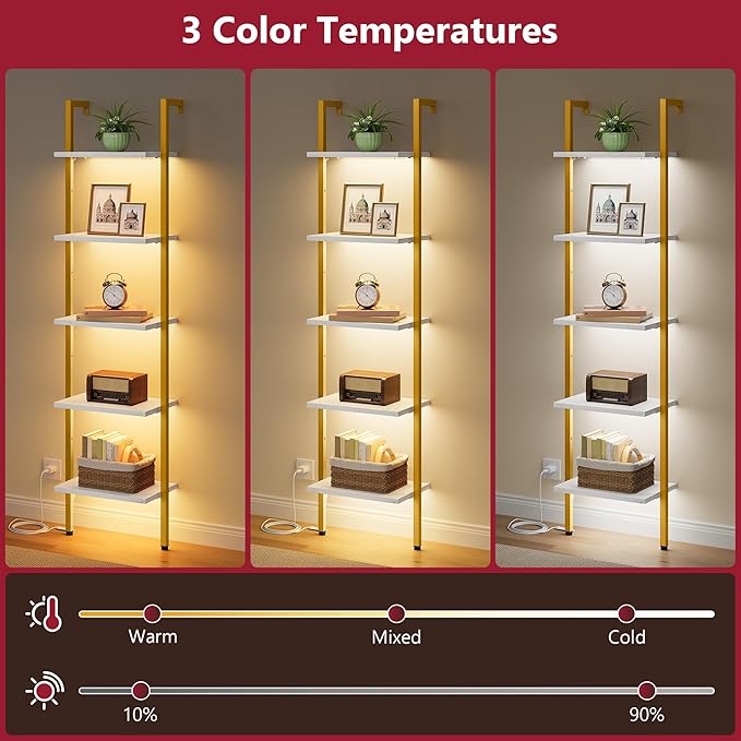 Tajsoon 5 Tier Ladder Shelf with Light, Wooden Wall Mounted Book Shelf, Wall Mounted Ladder Bookshelf with Metal Frame, Industrial Ladder Bookshelf for Office, Living Room, Bedroom, Gold & White