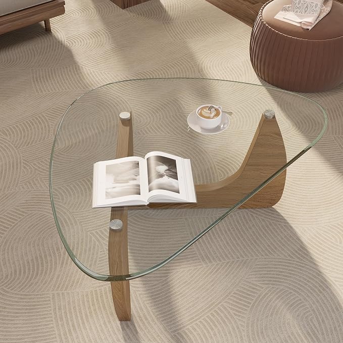 Modern Glass Coffee Table, Triangle Center Table with Tempered Glass Top& Unique Wooden Base, 31.5” Mid Century Tea Tables for Living Room, Apartment, Office,Wood &Transparent