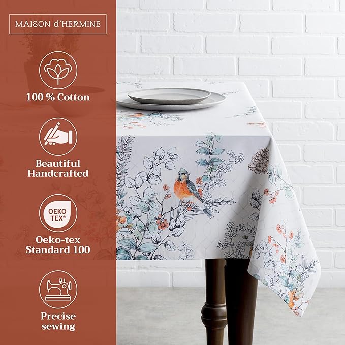 Maison d' Hermine Table Cloth Square Table 100% Cotton 60 x 60 Inches Fall Tablecloth Reusable Everyday Use for Thanksgiving Christmas Decorations Dining Farmhouse Party (Whitish Shabby Chique)