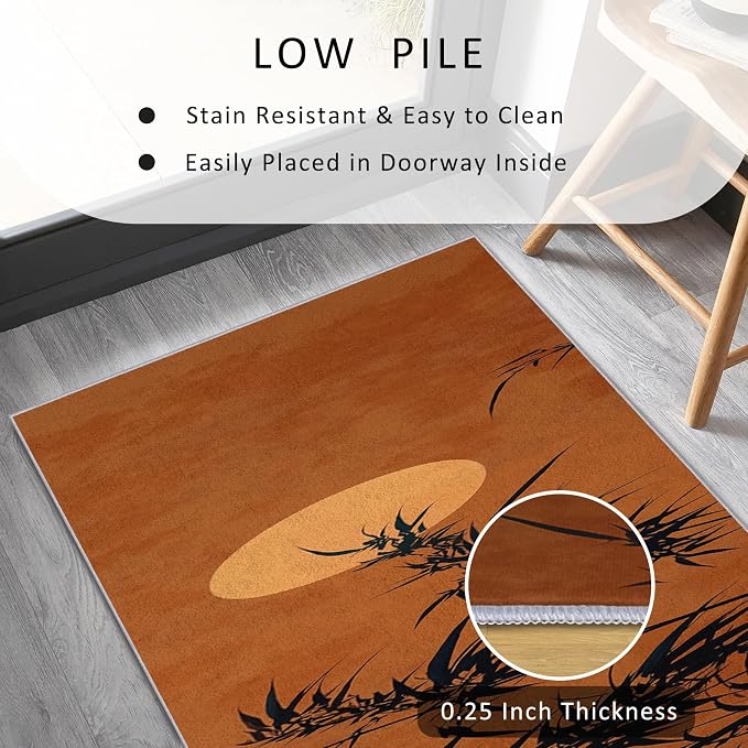 Oriental Bamboo Runner Rug 4x8, Full Moon Sunset Design, Asian Zen Nature Area Rug, Washable Non-Slip Floor Carpet Runner for Bedroom, Dining Room, Living Room Aisle