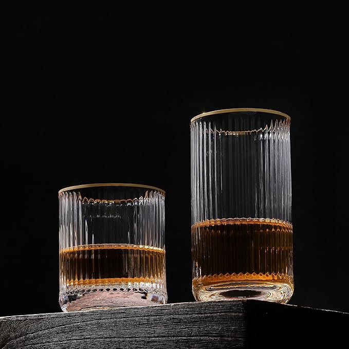 Lysenn Vintage Glassware Set - Ribbed & Fluted Wine, Champagne, Whiskey & Highball Glasses for Wedding or Party, Set of 4