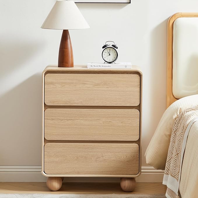 AVZEAR Modern3 Drawer Dresser for Bedroom, Curved Wooden Dresser Chest of Drawers, 3 Drawer Nightstand Closet Clothes Storage Organizer for Kids Bedroom, Living Room, Nursery, Natural