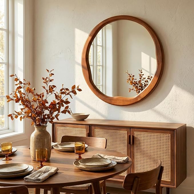 Round Walnut Mirror 30 Inch, Large Irregular Wavy Frame Wall Mirror for Living Room, Dining Room, Solid Wood Asymmetrical Mid Century Decor