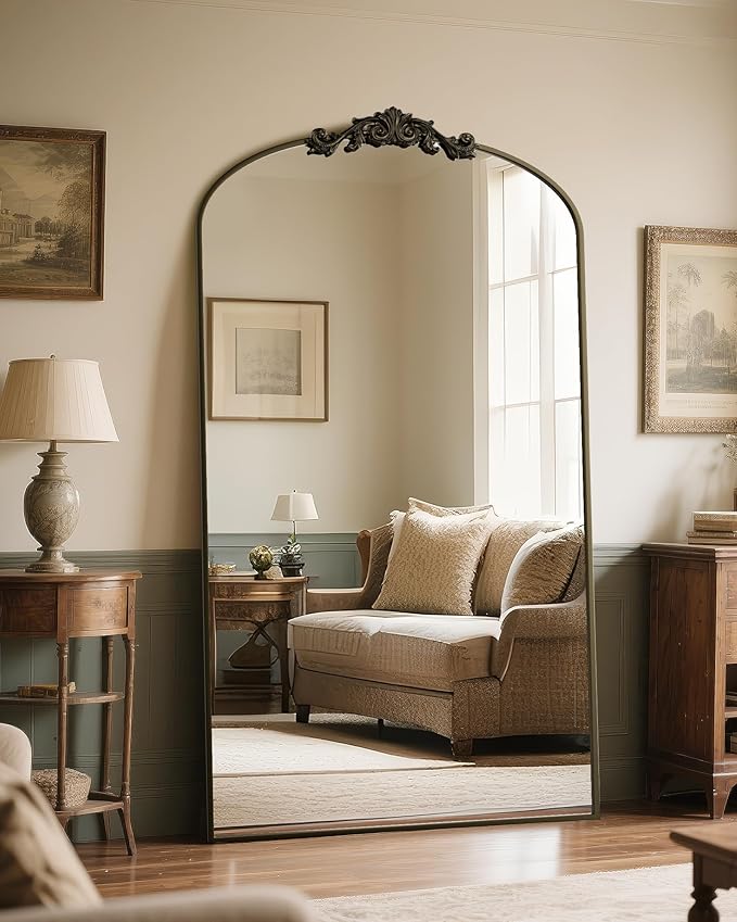 Antok Arched Full Length Mirror, 81"x41" Floor Mirror with Carved, Full Body Mirrors for HomeDecor, Standing/Halling Large Wall Mirror for Bedroom, Living Room, Cloakroom, Bronze, Retro Style