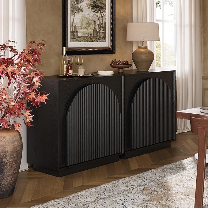 win2win Fluted Sideboard Buffet Cabinet with Storage, 31.5" Modern Accent Cabinet with Double-Layered Arch Doors, Small Wood Console Credenza for Living Room, Dining Room, Entryway, Black, 2PCS